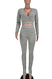 Neon Green Women Cotton Blend Fashion Casual Pure Color Long Sleeve V Collar Ruffle Pants Sets AGY68512-3