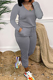 Blue Casual Solid Color Long Sleeve Round Neck Zip Back Collect Waist Slim Fitting Jumpsuits XXR3002-3