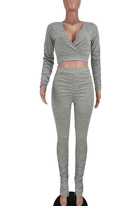 Black Women Cotton Blend Fashion Casual Pure Color Long Sleeve V Collar Ruffle Pants Sets AGY68512-2
