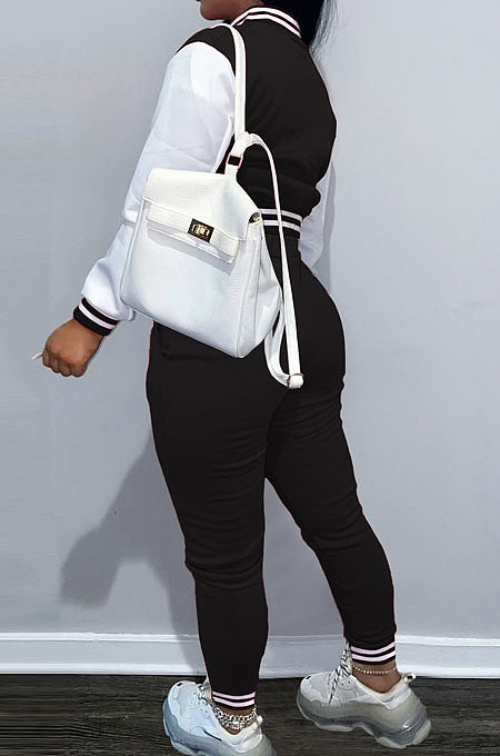 Orange Casual Webbing Spliced Ribber Letter  Printing Long Sleeve Cardigan Jacket Coat Trousers Baseball Uniform Sets SM9213-2