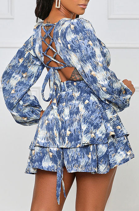 Red Women Autumn Winter V Collar Hollow Out Tied Tight Printing Flounce Mini Dress AYM5039-3