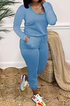 Blue Casual Solid Color Long Sleeve Round Neck Zip Back Collect Waist Slim Fitting Jumpsuits XXR3002-3