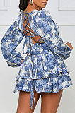 Violet Women Autumn Winter V Collar Hollow Out Tied Tight Printing Flounce Mini Dress AYM5039-1