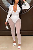 White Women Sexy Pure Color Zipper Pocket Mesh Spaghetti Pants Sets AGY68520-1