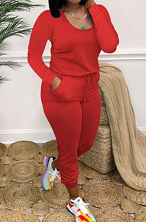 Red Casual Solid Color Long Sleeve Round Neck Zip Back Collect Waist Slim Fitting Jumpsuits XXR3002-2