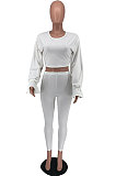 Black Wholesale Horn Sleeve Round Neck Crop Tops Skinny Pants Plain Color Sets XXR3003-1