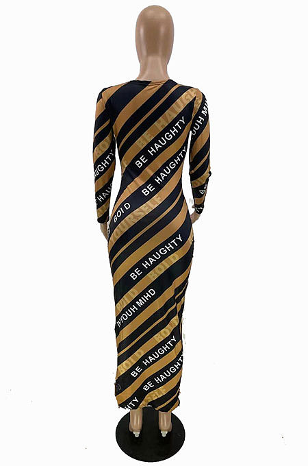 Brown Night Club Letter Printing Long Sleeve Round Neck Slim Fitting Pencil Dress QC8046
