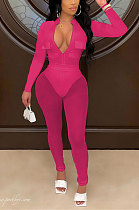 Rose Red Women Sexy Pure Color Zipper Pocket Mesh Spaghetti Pants Sets AGY68520-3