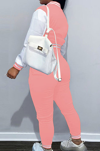 Pink Casual Webbing Spliced Ribber Letter  Printing Long Sleeve Cardigan Jacket Coat Trousers Baseball Uniform Sets SM9213-4
