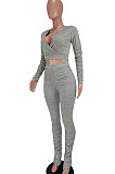 Gray Women Cotton Blend Fashion Casual Pure Color Long Sleeve V Collar Ruffle Pants Sets AGY68512-1