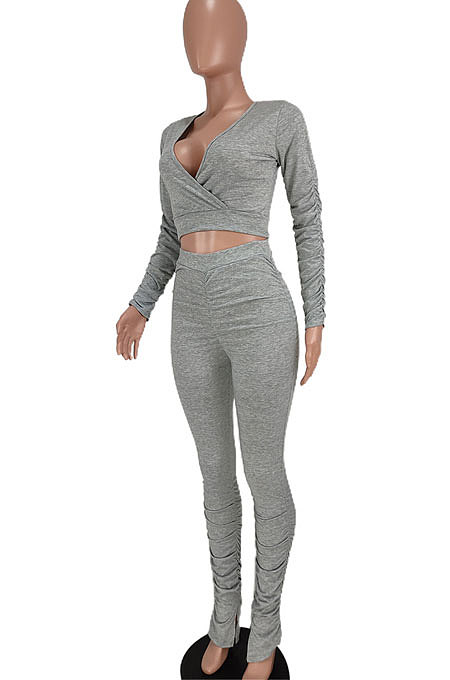 Gray Women Cotton Blend Fashion Casual Pure Color Long Sleeve V Collar Ruffle Pants Sets AGY68512-1