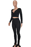 Gray Women Cotton Blend Fashion Casual Pure Color Long Sleeve V Collar Ruffle Pants Sets AGY68512-1