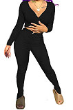Gray Women Cotton Blend Fashion Casual Pure Color Long Sleeve V Collar Ruffle Pants Sets AGY68512-1