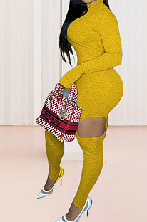 Yellow Women Fashion Sexy Hole Pure Color Ribber Anchored Pants Bodycon Jumpsuits AGY68522-2