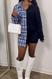 Blue Wholesale Plaid Printing Spliced Long Sleeve Single-Breasted With Beltband Shirts SM9215-1