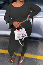 Black Wholesale Horn Sleeve Round Neck Crop Tops Skinny Pants Plain Color Sets XXR3003-1