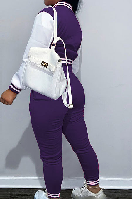 Purple Casual Webbing Spliced Ribber Letter  Printing Long Sleeve Cardigan Jacket Coat Trousers Baseball Uniform Sets SM9213-5