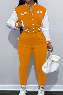 Orange Casual Webbing Spliced Ribber Letter  Printing Long Sleeve Cardigan Jacket Coat Trousers Baseball Uniform Sets SM9213-2