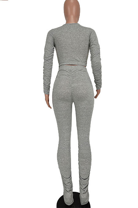 Black Women Cotton Blend Fashion Casual Pure Color Long Sleeve V Collar Ruffle Pants Sets AGY68512-2