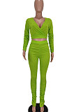 Neon Green Women Cotton Blend Fashion Casual Pure Color Long Sleeve V Collar Ruffle Pants Sets AGY68512-3