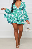 Violet Women Autumn Winter V Collar Hollow Out Tied Tight Printing Flounce Mini Dress AYM5039-1