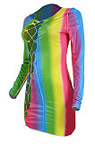 Rainbow Women Trendy Sexy Bandage Printing Mid Waist Round Collar Mini Dress AGY68514