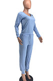 Blue Casual Solid Color Long Sleeve Round Neck Zip Back Collect Waist Slim Fitting Jumpsuits XXR3002-3