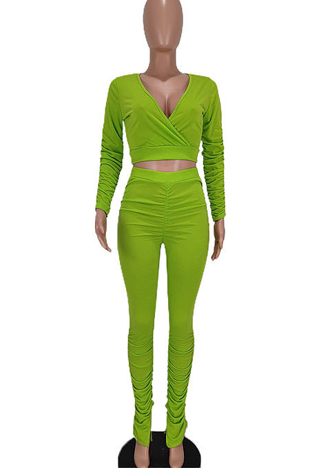 Black Women Cotton Blend Fashion Casual Pure Color Long Sleeve V Collar Ruffle Pants Sets AGY68512-2