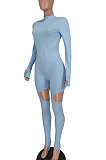 Light Blue Women Fashion Sexy Hole Pure Color Ribber Anchored Pants Bodycon Jumpsuits AGY68522-1