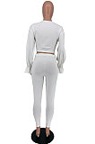 Black Wholesale Horn Sleeve Round Neck Crop Tops Skinny Pants Plain Color Sets XXR3003-1