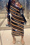 Brown Night Club Letter Printing Long Sleeve Round Neck Slim Fitting Pencil Dress QC8046