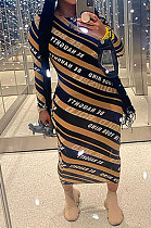 Brown Night Club Letter Printing Long Sleeve Round Neck Slim Fitting Pencil Dress QC8046