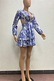 Red Women Autumn Winter V Collar Hollow Out Tied Tight Printing Flounce Mini Dress AYM5039-3