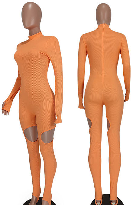 Yellow Women Fashion Sexy Hole Pure Color Ribber Anchored Pants Bodycon Jumpsuits AGY68522-2