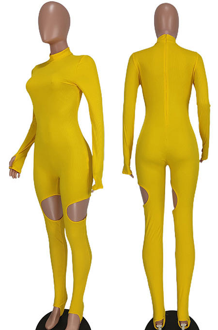 Orange Red Women Fashion Sexy Hole Pure Color Ribber Anchored Pants Bodycon Jumpsuits AGY68522-3