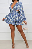 Violet Women Autumn Winter V Collar Hollow Out Tied Tight Printing Flounce Mini Dress AYM5039-1