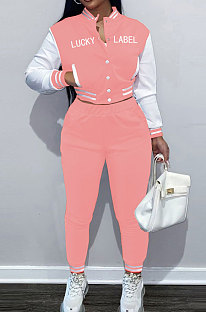 Pink Casual Webbing Spliced Ribber Letter  Printing Long Sleeve Cardigan Jacket Coat Trousers Baseball Uniform Sets SM9213-4