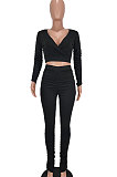 Neon Green Women Cotton Blend Fashion Casual Pure Color Long Sleeve V Collar Ruffle Pants Sets AGY68512-3