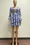 Violet Women Autumn Winter V Collar Hollow Out Tied Tight Printing Flounce Mini Dress AYM5039-1