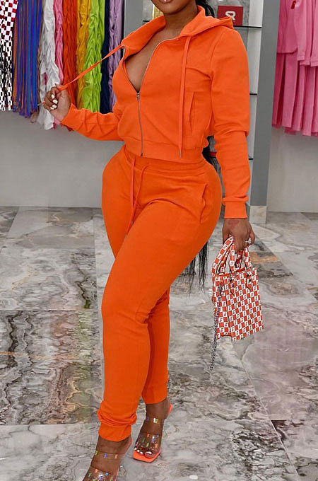 Orange Sports Long Sleeve Hoodie Pencil Pants Plain Color Sets XMY081-4