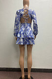 Violet Women Autumn Winter V Collar Hollow Out Tied Tight Printing Flounce Mini Dress AYM5039-1