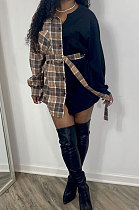 Khaki Wholesale Plaid Printing Spliced Long Sleeve Single-Breasted With Beltband Shirts SM9215-3