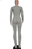 Gray Women Cotton Blend Fashion Casual Pure Color Long Sleeve V Collar Ruffle Pants Sets AGY68512-1