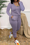 Blue Casual Solid Color Long Sleeve Round Neck Zip Back Collect Waist Slim Fitting Jumpsuits XXR3002-3