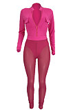 Rose Red Women Sexy Pure Color Zipper Pocket Mesh Spaghetti Pants Sets AGY68520-3