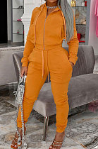 Earth Yellow Sports Long Sleeve Hoodie Pencil Pants Plain Color Sets XMY081-5