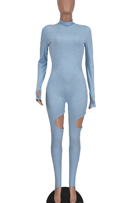Yellow Women Fashion Sexy Hole Pure Color Ribber Anchored Pants Bodycon Jumpsuits AGY68522-2