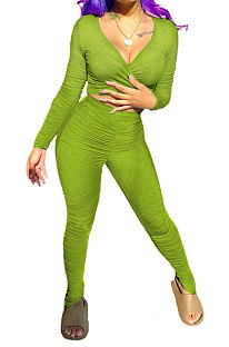 Neon Green Women Cotton Blend Fashion Casual Pure Color Long Sleeve V Collar Ruffle Pants Sets AGY68512-3