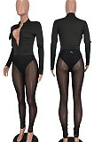 Rose Red Women Sexy Pure Color Zipper Pocket Mesh Spaghetti Pants Sets AGY68520-3