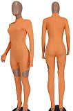 Light Blue Women Fashion Sexy Hole Pure Color Ribber Anchored Pants Bodycon Jumpsuits AGY68522-1